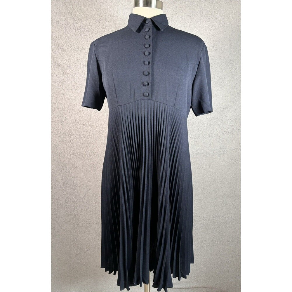 Vntg Wild Rose Dress Navy Blue Pleated Buttons Collar Short Sleeve Dark Academia